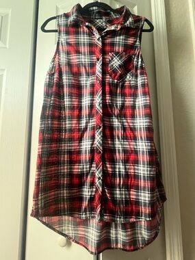 Women’s plaid button down tank top dress/ long top size Large